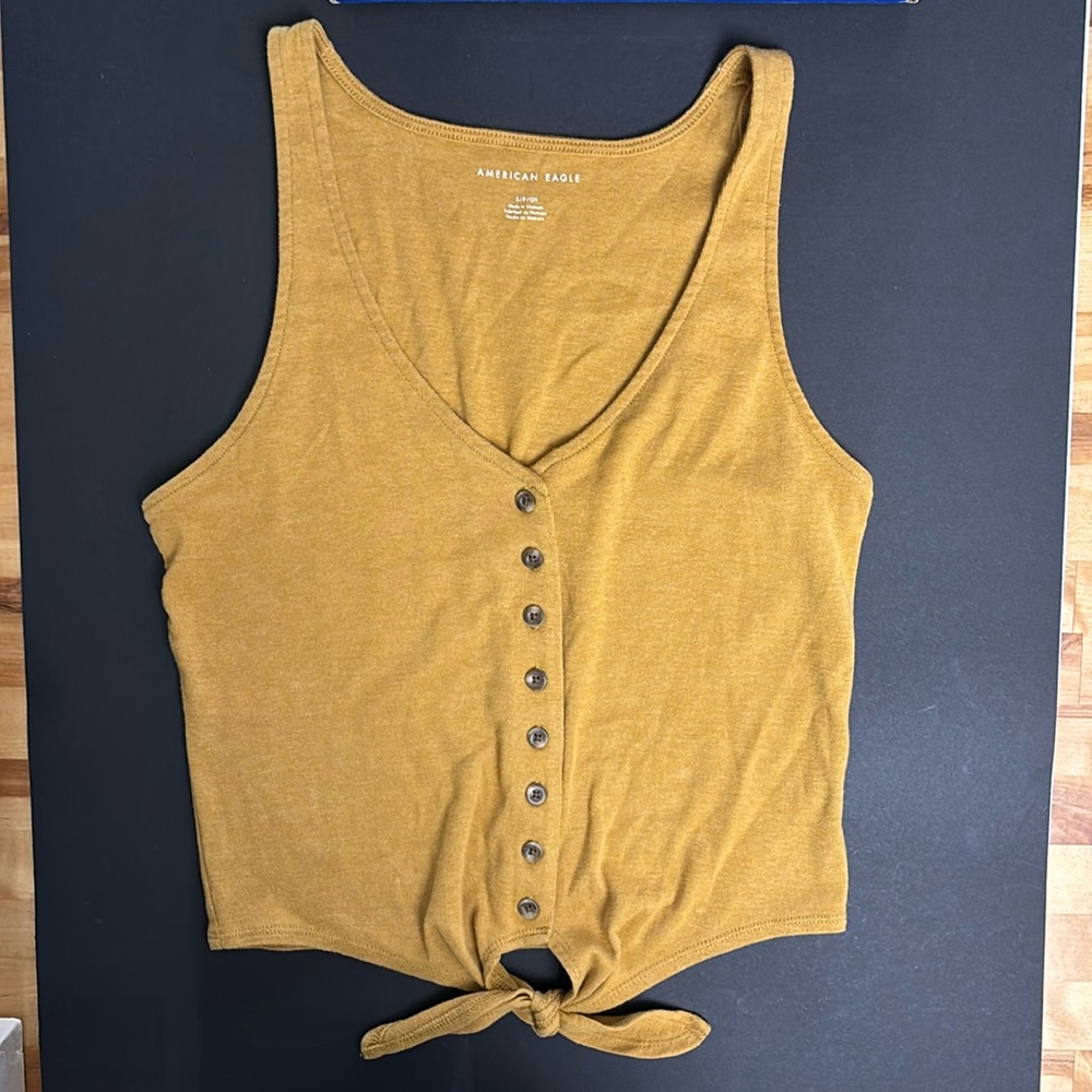 American Eagle Mustard Button V-neck Tank Tie Crop